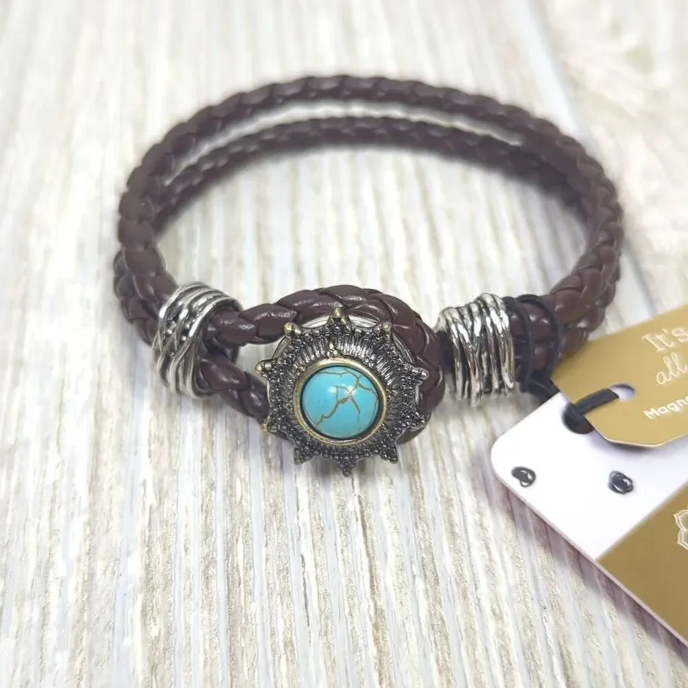 Magnolia and Vine Womens Leather Corded Snap Bracelet with Turquoise Stone NWT